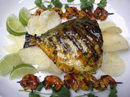 Grilled Fish With A Side Of Shrimp Skewers Indian Food Recipes Main Course Recipes Fusion Food