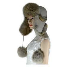 Leather Coyote Fur Aviator Hat Beige With Pom Pom