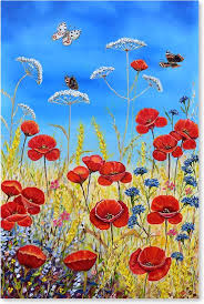 Bloemenveld Met Koren Vlinders En Klaprozen Schilderij Op Canvas Klaprozen Canvas Schilderij Diy Natuur Kunst