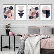 Set Of 4 Printable Blush Pink Navy Blue Rose Gold Geometric Art Prints Digital Download Dusky Pink Indigo Bedroom Wall Decor Trending Now In 2020 Wall Decor Bedroom Blue And Pink
