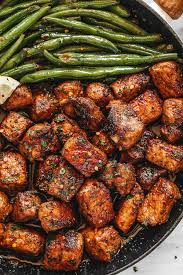 Garlic Butter Pork Bites With Lemon Green Beans Pork Bites Pork Dishes Pork Ribs