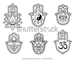 Set Of Hamsa Hand Drawn Symbol Lotus Flower Yin Yang And Om Sigils Decorative Pattern In Oriental Style Hamsa Tattoo Design Hamsa Hand Art Hamsa Hand Tattoo
