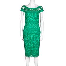 tadashi shoji green floral embroidered boat neck sheath dress s