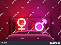 نماد جنسیت با تخت متل دو نفره عشق زن مرد اتاق هتل ولنتاین نور کم نور نئون  روشن عاشقانه شب خواب زن و شوهر آمیزش جنسی شهوانی وابسته به عشق شهوانی رویایی