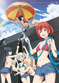gabriella talinska, koigasaki miyabi, kunimasa ayami, ose tsubame, uzuki  kagura, kakuchou shoujo-kei trinary, silver hair, highres, 5girls, :d,  ahoge, aqua bikini, asymmetrical hair, bikini, bikini top only, black hair,  black ribbon, blonde hair, blue eyes, blue ...