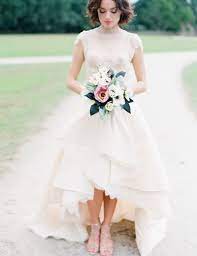 Our wedding gowns are made to order. A Line High Low Lace Bateau Cap Sleeves Tiered Short Wedding Dress Dresstells Com