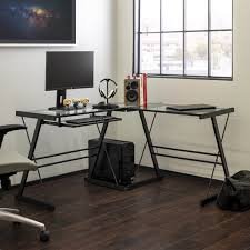 Techni mobili l shaped tempered glass top computer desk with pull out keyboard tray clear rta 3802 gls walmart com walmart com. Modern Clear Glass Black Metal L Shaped Corner Computer Desk By Manor Park Walmart Com Walmart Com