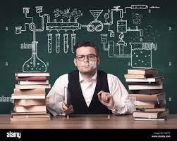 A Young Chemistry Teacher In The Middle Of A Chemical Process Explanation  With Tubes, Reactions Drawn On The Blackboard Back To School Concept Stock  Photo - Alamy