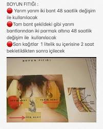 boyun fitigi yarim yarim iki bant 48 saatlik degisim ile kullanilacak tam bant sekildeki gibi yarim bantlarindan iki parmak altina 48 saatl bant ikiz saglik