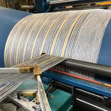 Instantly Revive Your Home Using Bold Stripes An Ian Mankin Jura Stripe Blue Warp Being Assembled On Our Modern Benninger Section Bold Stripes Blue Stripes The Incredibles