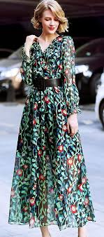 Casual Fashion V Neck Long Sleeve Belted Big Hem Print Maxi Dress Vestidos Longos Estampados Vestidos Estilosos Vestidos