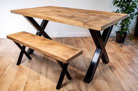 Hickory veneer and solid edge band to create a realistic live edge look • each bench top has natural knots, nature's imperfections and hand inlaid bow ties Industrial Style Dining Table And Bench Chunky X Frame Metal Legs Rustic Dining Set Mademe