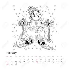 Adult coloring calendar edition sharpen your colored pencils and get out your gel pens because our calendar is a special adult coloring edition! Zen Art Doodle Hand Drawn Snowman Ski On White Background Christmas Vector Adult Coloring Anti Stress Page February Calendar Page 2017 Royalty Free Cliparts Vectors And Stock Illustration Image 66585310