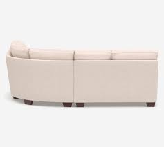 Modern design medium sized sectional sofa with ottoman made with the olymipa series is a modern design with wide square arms, split loose box cushions and chromed legs. Buchanan Square Arm Upholstered Curved 3 Piece Sectional With Wedge Pottery Barn