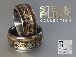 Another Version Of Our Famous Steampunk Rings Combining Wood And Vintage Watch Movements Into A Single Weddi Steampunk Rings Titanium Wedding Rings Gear Ring