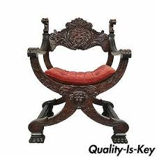 Renaissance Revival Mahogany North Wind Face Curule Throne Savonarola Chair Antique Chairs Renaissance Furniture Throne Chair