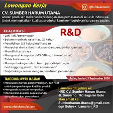 Jun 14, 2021 · 7 lowongan kerja pabrik bandung bulan juli 2021.sebanyak 7 lowongan kerja pabrik bandung dan yang berhubungan dengan loker pabrik, rekrutmen pabrik, peluang kerja pabrik, peluang berkarir pabrik, pekerjaan pabrik di loker.my.id. Lowongan Kerja Pabrik Makanan Kecil Di Solo Archives Info Loker Solo