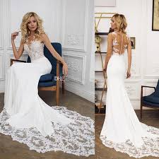 Mermaid Wedding Dresses Sheer Neck Sleeveless Illusion Bodice Appliques Lace Satin See Through Back Beach Wedding Dresses Bridal Dress Cheap Wedding Dresses Onl Satin Mermaid Wedding Dress Sheer Wedding Dress Online