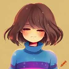 Frisk undertale female wearing blue shirt with yellow stripes and yellow  overall closed eyes brown hair anime style galaxy hd 4k uwu cute kawaii  smiling