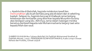 Pembukaan kota mekah berlaku pada bulan ramdhan tahun kelapan hijrah.rasulullah s.a.w menyusun strategik secara sulit bertujuan mengelakkan daripada berlakunya pertumpahan darah.oleh itu peristiwa ini dinamakan fathu makkah yg bermaksud pembukaan kota mekah. 5 2 Merumus Dan Mengaplikasikan Iktibar Daripada Peritiwa Pembukaan Kota Mekah Pendidikan Islam Kssr