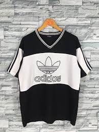 Adidas Black And White T Shirt Mens Adidas Trefoil Jersey Large Vintage 90 S Adidas Big Logo Streetwear Adidas Three Stripes Run Dmc Spo Black And White T Shirts