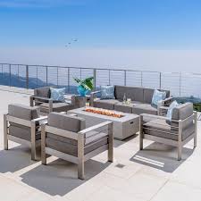 Noble House Valentina Khaki 7 Piece Aluminum Patio Fire Pit Conversation Set With Khaki Cushions 13477 The Home Depot Outdoor Patio Chairs Fire Pit Patio Set Conversation Set Patio