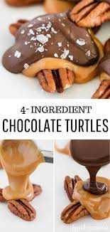 These Easy 4 Ingredient Chocolate Turtles Will Become Your New Favorite Treat The Crisp Pecans Chewy Ca Chocolate Turtles Dessert Recipes Easy Turtle Dessert