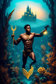 punctual-rat487: a black male young athletic merman holding a golden  trident in a hero pose with a underwater castle in the background and  golden cinematic lights