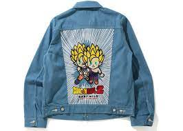 The line includes jackets and jeans made from japanese selvedge denim with each set inspired by the series iconic super saiyan and an infamous android. Bape X Dragon Ball Z Baby Milo Big Ape Head Denim Jacket Light Indigo Ss20