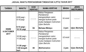 Check spelling or type a new query. Jadual Waktu Pentaksiran Tingkatan 3 Pt3 Tahun 2017