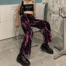 Pink Lightning Print Elastic Waist Wide Leg Pants Wide Leg Pants Plaid Fashion Printed Elastic