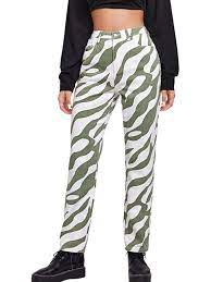Zebra Striped High Waisted Straight Leg Jeans Green White Shein