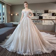 Luxury Gorgeous Champagne Wedding Dresses 2018 Ball Gown Lace Beading Pearl Sequins Off The Sh Wedding Dress Champagne Bridal Dresses Ball Gown Wedding Dress