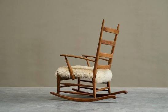 Rocking Chair in Oak and Sheepskin, 1940s for sale at Pamono