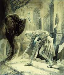 The ghost of christmas yet to come is the third and final spirit that appears to ebenezer scrooge in the muppet christmas carol.the spirit shows scrooge a vision of his unmourned death in the near future, as well as the death of tiny tim.in this movie, the ghost of christmas yet to come is a large, faceless wraith. The Ghost Of Christmas Yet To Come In A Christmas Carol Characters Gcse English Literature Revision Bbc Bitesize