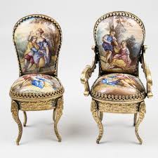 Exceptional Pair 2 Antique Vienna Or French Kiln Fired Enamel Miniature Chairs Figural Antique Furniture Miniature Chair Ornate Furniture