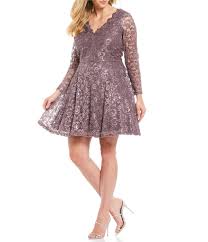 City Vibe Plus Long Sleeve V Neck Sequin Lace Fit Flare Dress