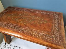 Indian Table Sheesham Wood Rosewood Inlaid Wood Brass Small Carved Table Sheesham Wood Sheesham