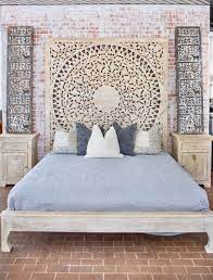 Boho chic, salamís, attiki, greece. Sumatra Hand Carved King Bed Weathered Natural Bohemian Style Master Bedroom King Beds Bedroom Trends