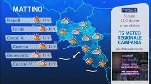 Meteo di domani 2026 satellite view of Italy showing October 31 weather pattern with clouds over Campania and clear skies in the north