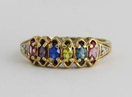 Antique 1940s Rainbow Colored Stones 10k Yellow Gold Ring Colorful Gemstone Band Stone Gold Gemstone Colors Rainbow Rings