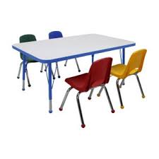30" x 48" Rectangle Dry-Erase Activity Table with Standard Legs and 14" Stack Chairs with Ball Glides, 5-Piece Set - White/Blue/Assorted