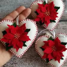 Felt Poinsettia Ornament White Heart Ornament With Red Etsy In 2020 Felt Crafts Christmas Felt Christmas Ornaments Felt Christmas