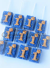 1st Birthday Rice Krispie Treats Buy Online Elegant Delicious Royal Blue Gold Number 1 Rice Krispie Treats With A Handcrafted Gold 1 And Gol Dessert Table Birthday Desserts Prince Birthday