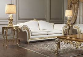 Classic Sofa Of The Imperial Collection In The White Leather Version Golden And Carved Details And Frame Top Carved Set Sofa Desain Furnitur Interior Klasik