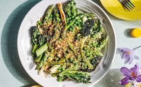 Braised Spring Onions With Purple Sprouting Broccoli Asparagus And Peas Recipe In 2020 Pea Recipes Buttered Cabbage Braised