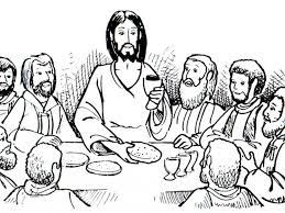 Wine cup surrounded by bread and grapes with crown of thorns in background as symbols of communion. Free Printable Last Supper Coloring Pages