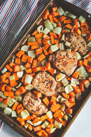 Sheet Pan Pork Chops Sweet Potato And Fennel Dinner Sweetphi Recipe Pan Pork Chops Pork Chops Meal Planning Recipes Healthy