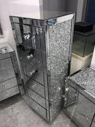 Drawer bottom:fibreboard, printed acrylic paint. Diamond Crush Side 6 Drawer Tallboy Mirrored Furniture Sparkle Diamond House Mirrored Bedroom Furniture Silver Bedroom Furniture Mirrored Furniture Decor