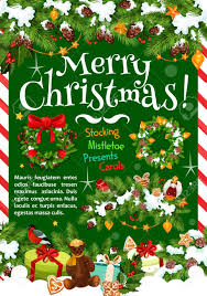 See more ideas about christmas, christmas decorations, christmas holidays. Merry Christmas Winter Season Greeting Card Design For Happy Holiday Wishes Vector Christmas Tree Snowman And Santa Gift Presents Holly Wreath Garland Of Golden Bells Decoration And Candy In Snow Royalty Free